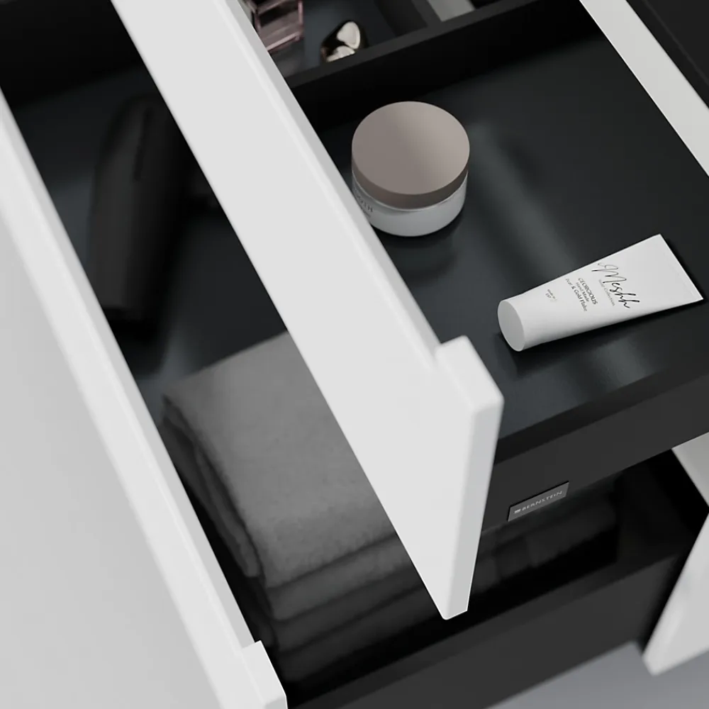 Meuble Sous-Vasque|Bernstein Meuble sous vasque suspendu MDF Blanc mat, plan vasque Bleu nuit mat, tiroirs pivotants - 160x46x62cm - VIREO