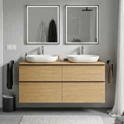 Meuble Sous-Vasque|Bernstein Meuble sous vasque suspendu MDF Chêne miel, plan vasque Chêne miel, poignée Anthracite mat - 140x46x62cm - LAVOA
