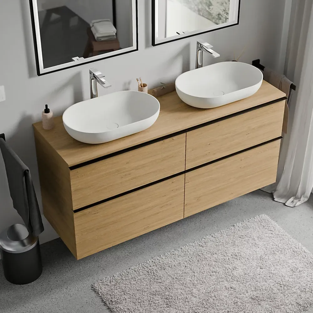 Meuble Sous-Vasque|Bernstein Meuble sous vasque suspendu MDF Chêne miel, plan vasque Chêne miel, poignée Anthracite mat - 140x46x62cm - LAVOA
