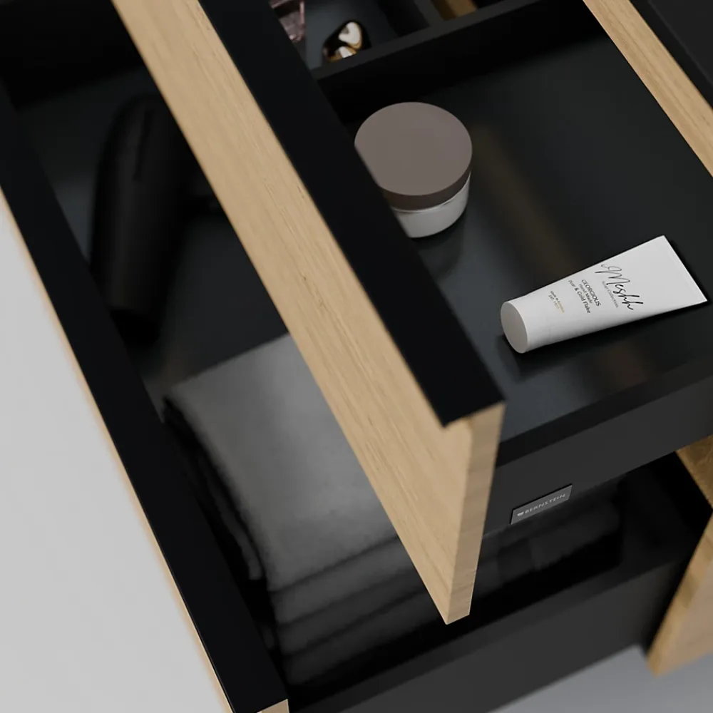 Meuble Sous-Vasque|Bernstein Meuble sous vasque suspendu MDF Chêne miel, plan vasque Chêne miel, poignée Anthracite mat - 140x46x62cm - LAVOA