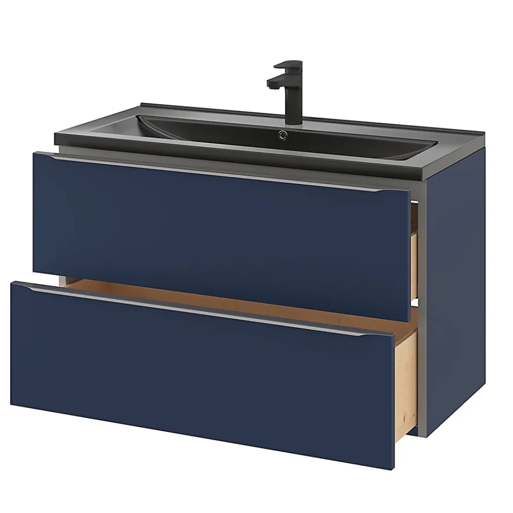 Meuble Buanderie|Meuble De Salle De Bains Faible Profondeur|GoodHome Meuble sous vasque suspendu bleu nuit mat l.100 x H.60 x P.45 cm, Imandra