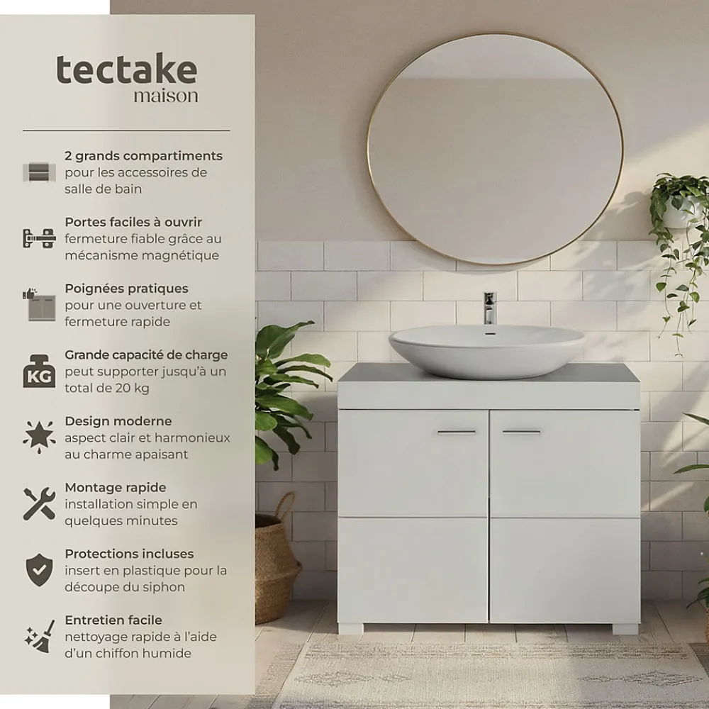 Lave-Mains|Tectake Meuble sous-lavabo 2 compartiments avec 2 portes battantes blanc