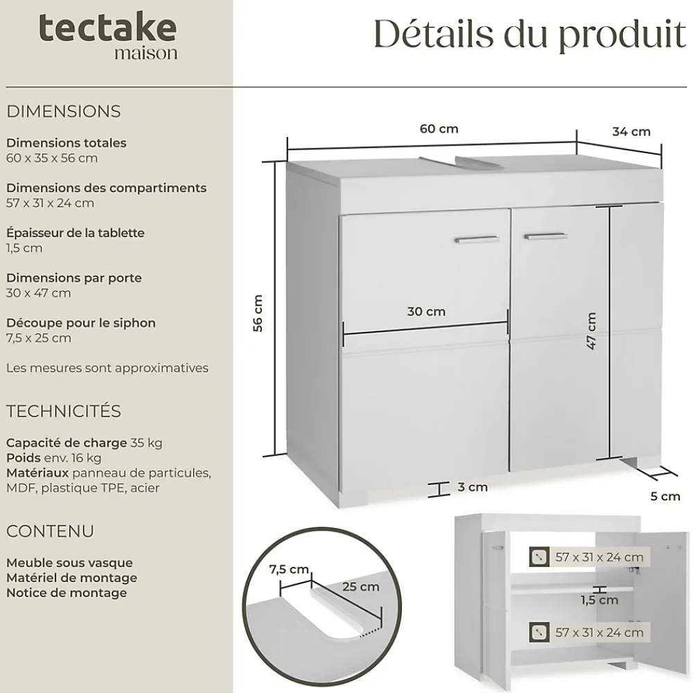 Lave-Mains|Tectake Meuble sous-lavabo 2 compartiments avec 2 portes battantes blanc