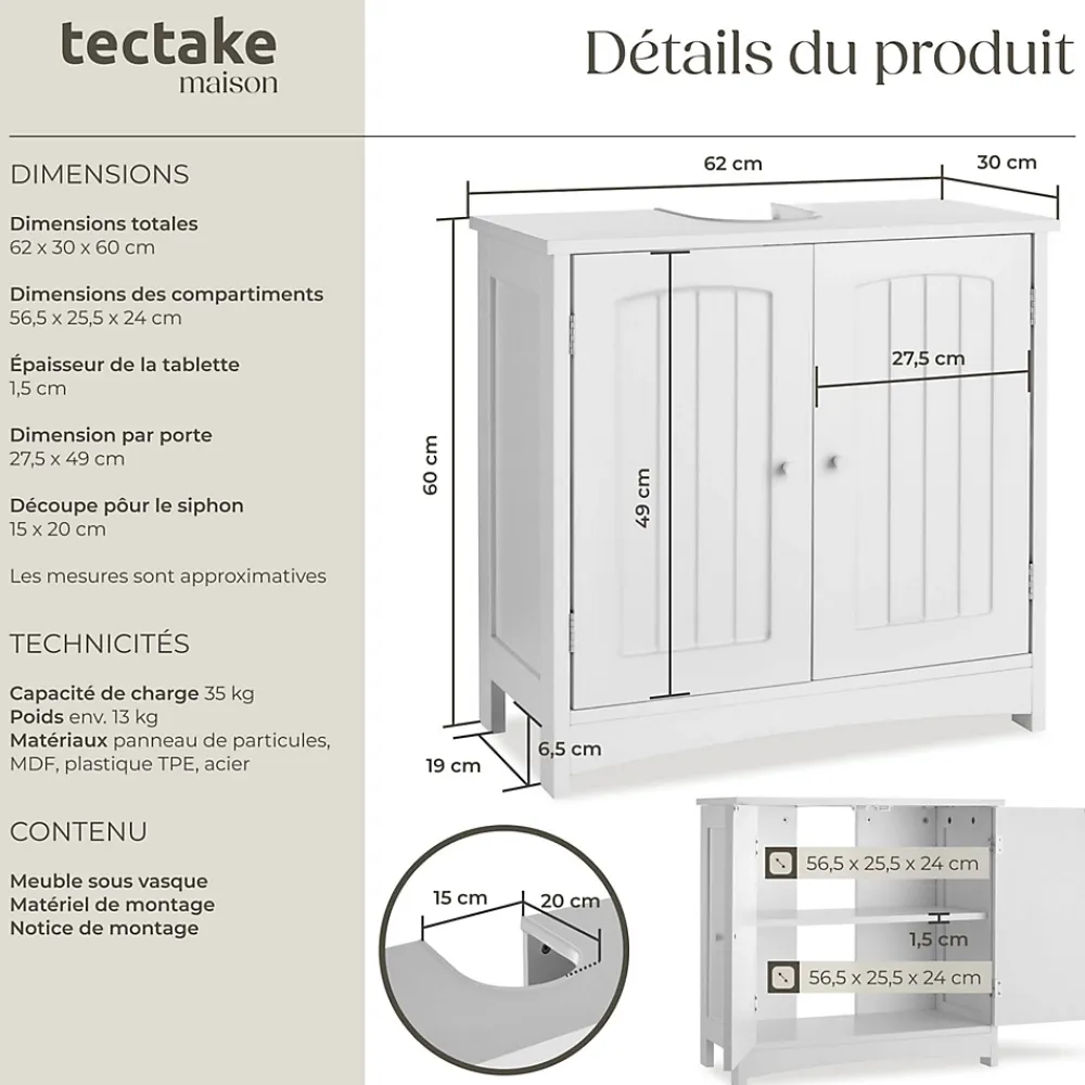 Lave-Mains|Tectake Meuble sous-lavabo 2 compartiments capacité de charge 35 kg