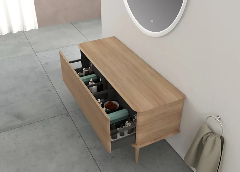 Meuble Buanderie|Baden Meuble sous-vasque à suspendre l.141 cm avec plan de toilette et pieds H.29 cm, effet chêne tabac, Idra