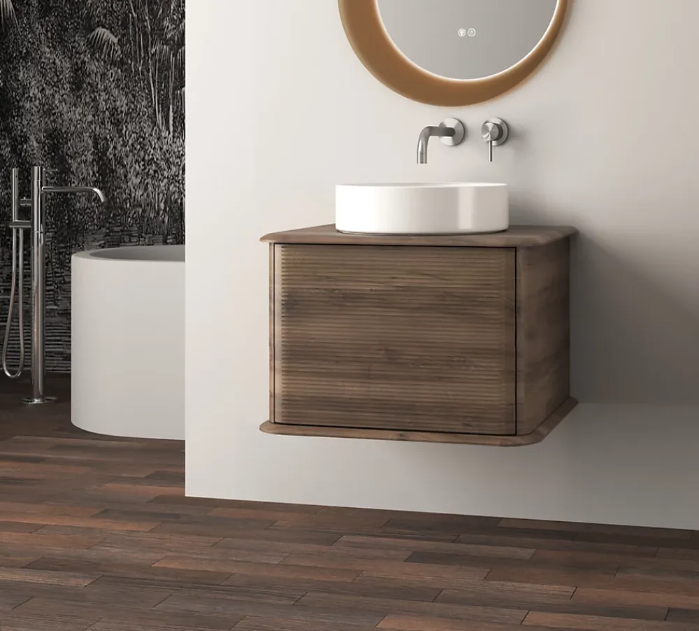 Baden Meuble sous-vasque à suspendre l.61 cm avec plan de toilette et vasque à poser, effet noyer, Idra
