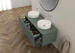 Baden Meuble sous-vasque à suspendre l.141 cm avec plan de toilette, 2 vasques à poser et pieds H.29 cm, vert mat, Idra