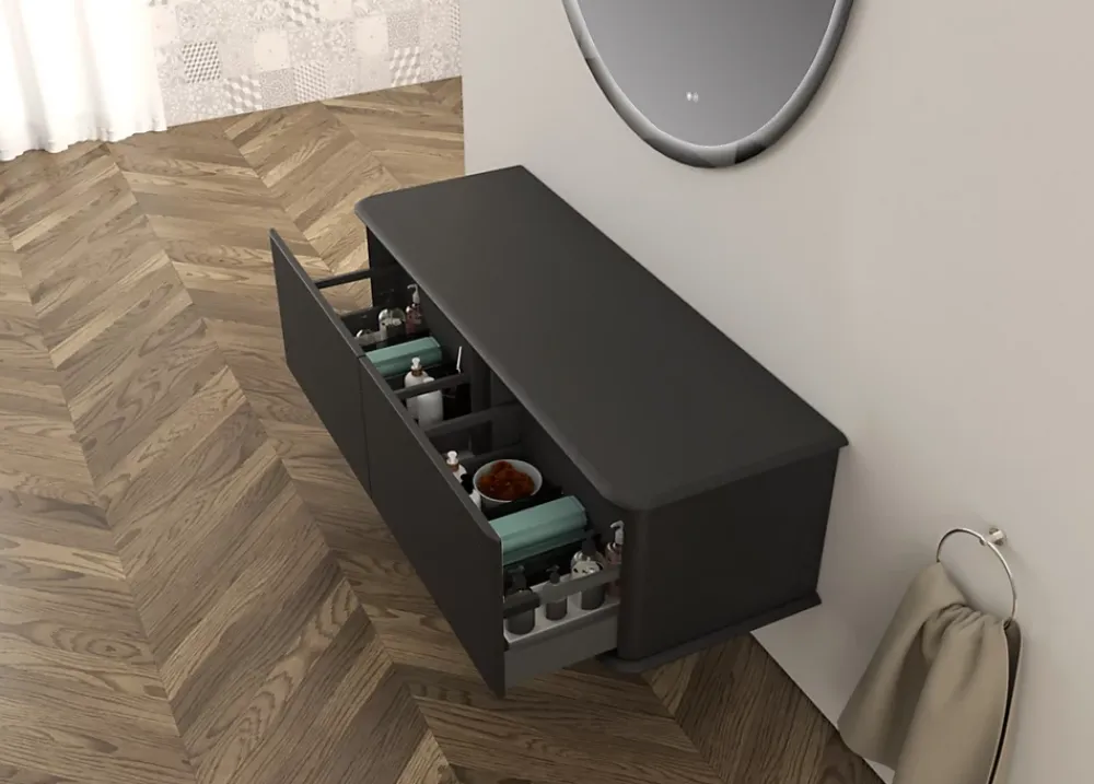 Baden Meuble sous-vasque à suspendre l.141 cm avec plan de toilette et pieds H.29 cm, noir mat, Idra