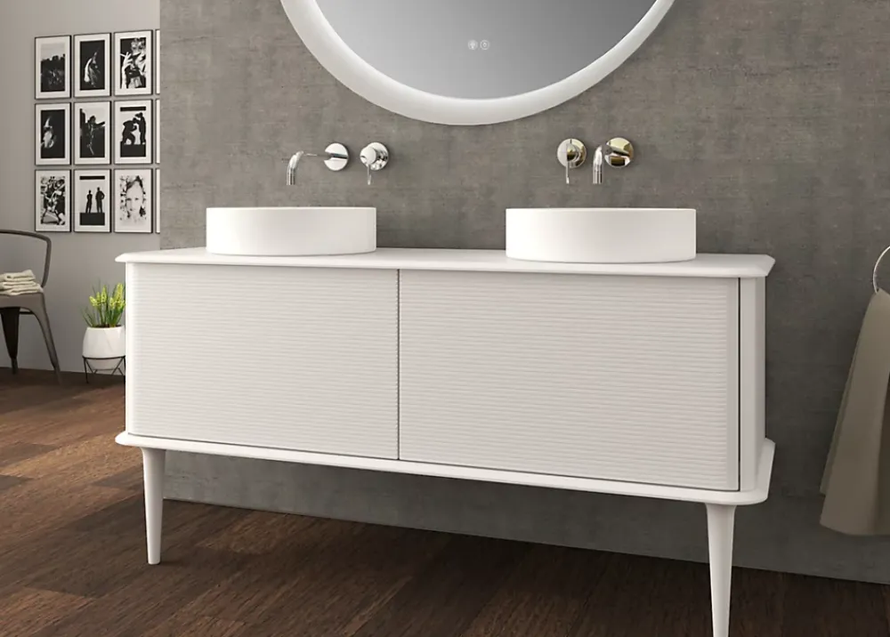 Baden Meuble sous-vasque à suspendre l.141 cm avec plan de toilette, 2 vasques à poser et pieds H.29 cm, blanc mat, Idra
