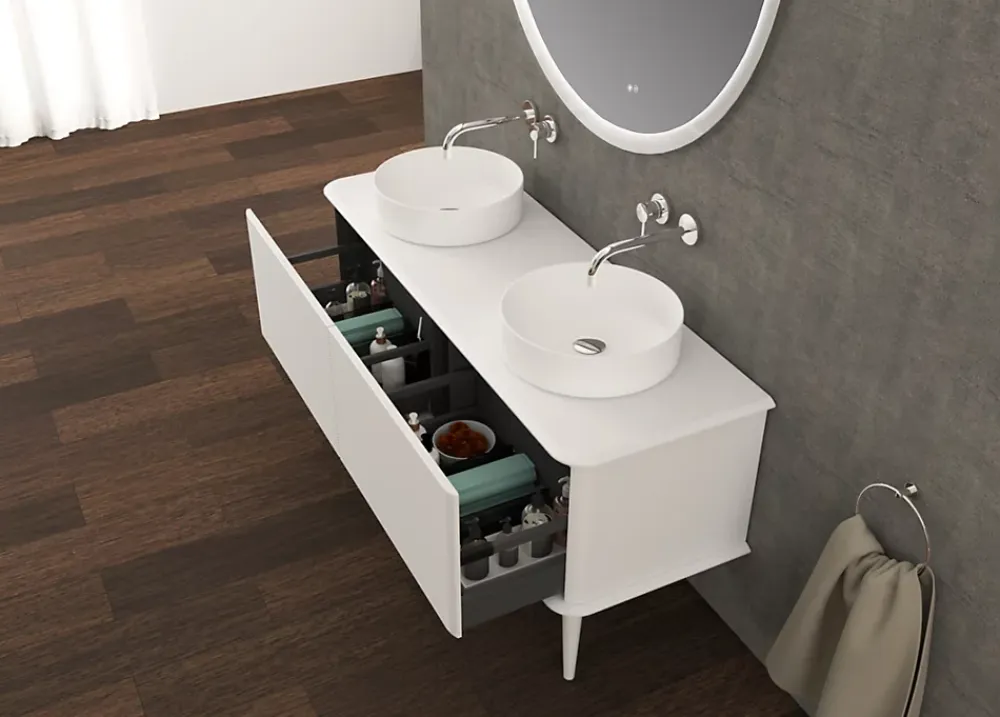 Baden Meuble sous-vasque à suspendre l.141 cm avec plan de toilette, 2 vasques à poser et pieds H.29 cm, blanc mat, Idra