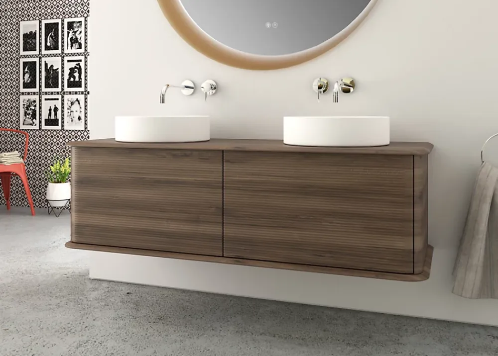 Baden Meuble sous-vasque à suspendre l.141 cm avec plan de toilette et 2 vasques à poser, effet noyer, Idra