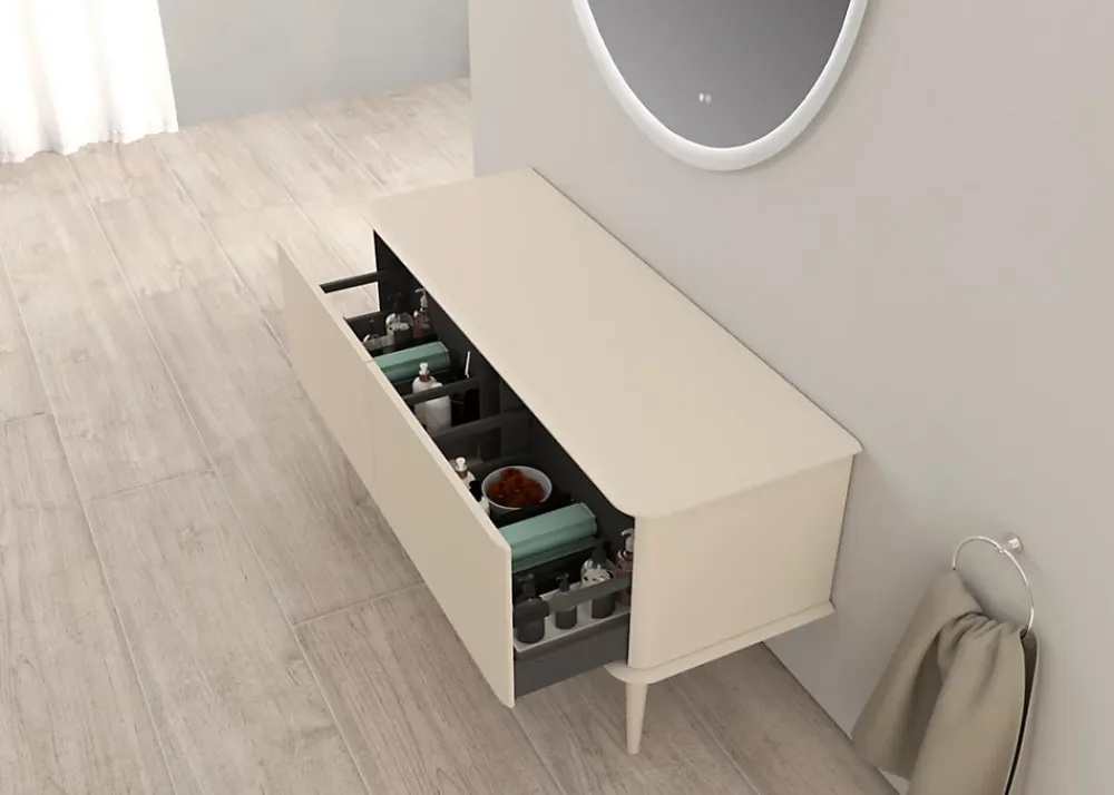 Meuble Buanderie|Baden Meuble sous-vasque à suspendre l.141 cm avec plan de toilette et pieds H.29 cm, beige coton, Idra