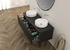 Meuble Buanderie|Baden Meuble sous-vasque à suspendre l.141 cm avec plan de toilette, 2 vasques à poser et pieds H.29 cm, noir mat, Idra
