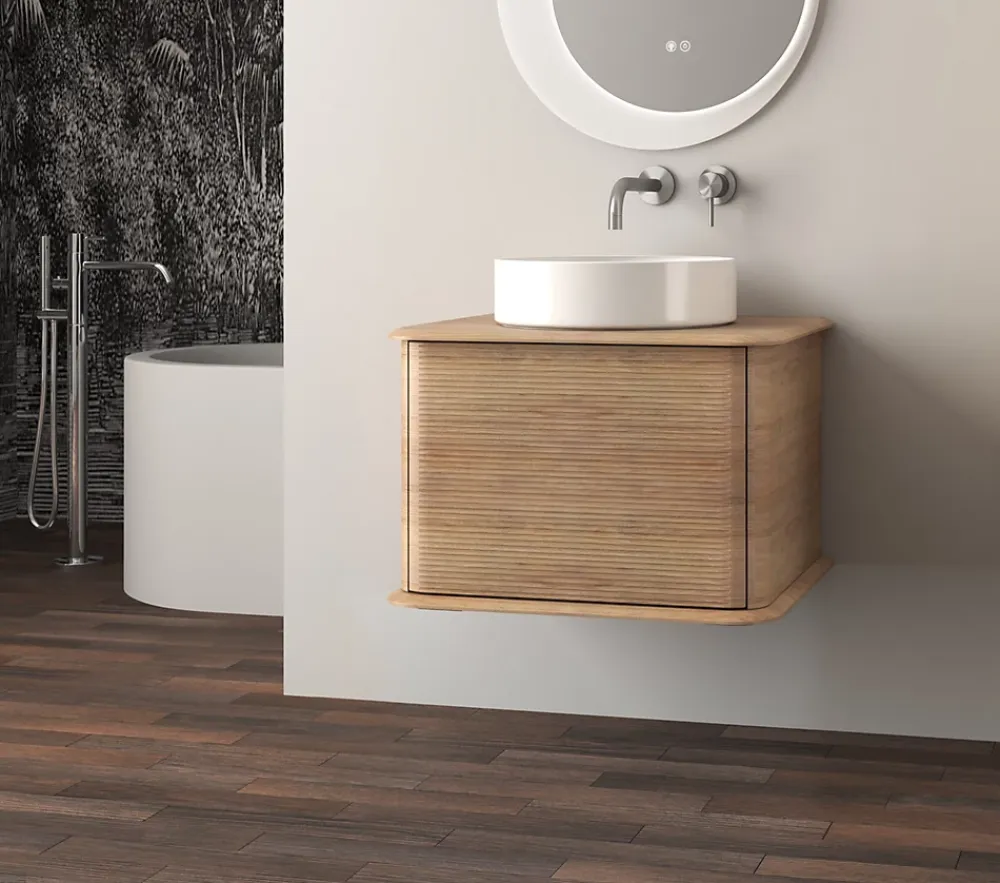 Meuble Buanderie|Baden Meuble sous-vasque à suspendre l.61 cm avec plan de toilette et vasque à poser, effet chêne tabac, Idra