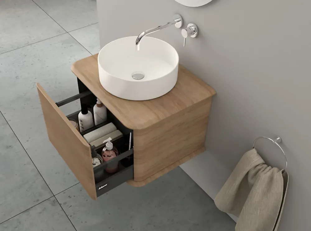 Meuble Buanderie|Baden Meuble sous-vasque à suspendre l.61 cm avec plan de toilette et vasque à poser, effet chêne tabac, Idra