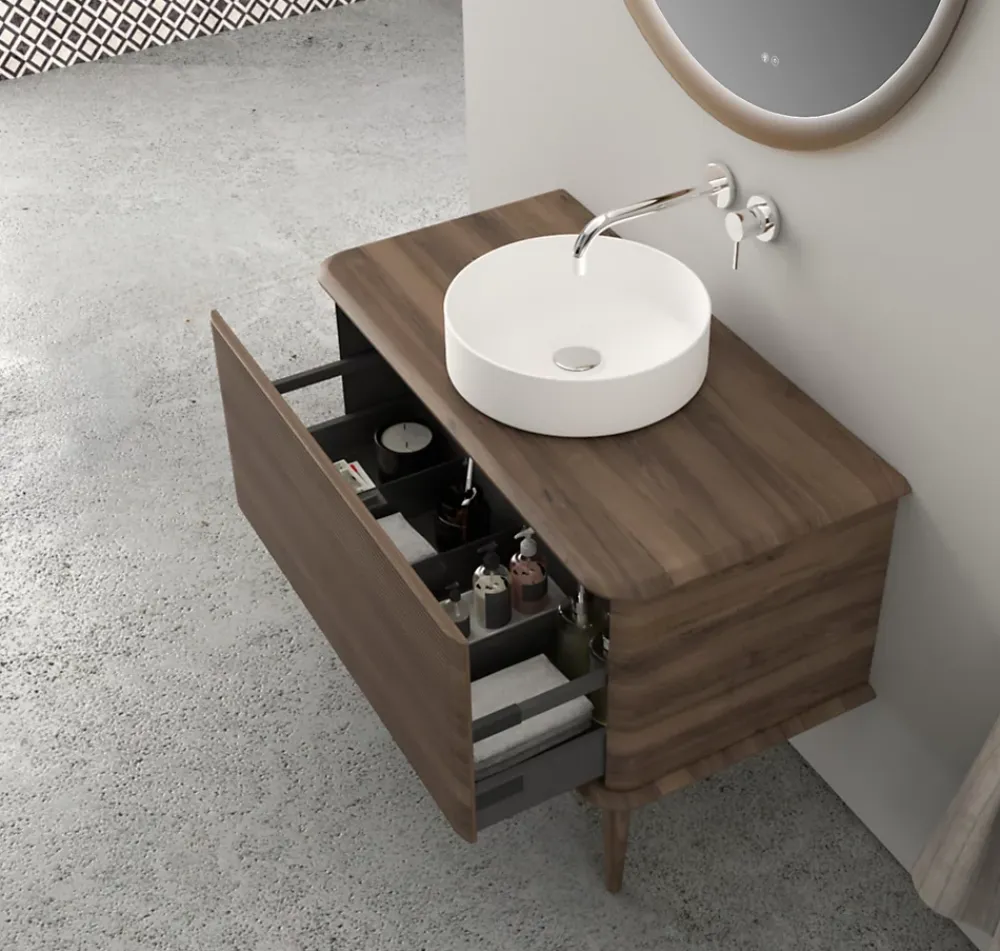 Meuble Buanderie|Baden Meuble sous-vasque à suspendre l.95 cm avec plan de toilette, vasque à poser et pieds H.29 cm, effet noyer, Idra