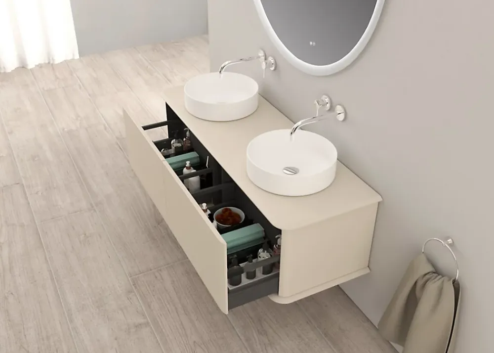 Meuble Buanderie|Baden Meuble sous-vasque à suspendre l.141 cm avec plan de toilette et 2 vasques à poser, beige coton, Idra