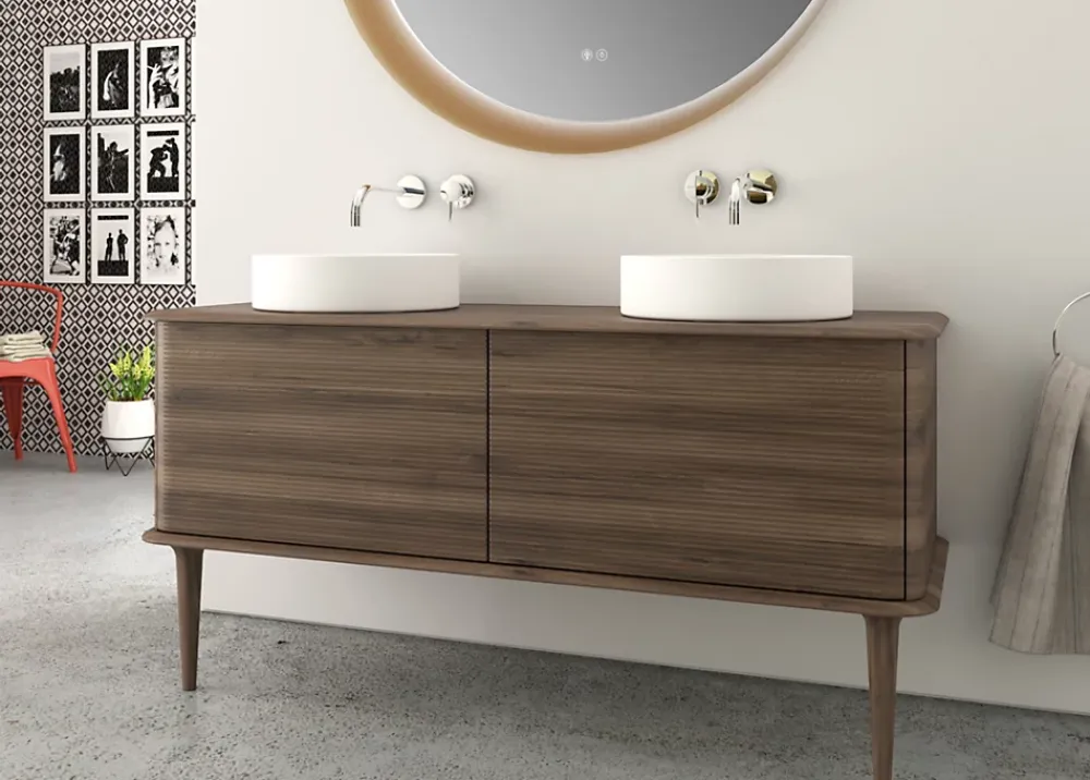 Meuble Buanderie|Baden Meuble sous-vasque à suspendre l.141 cm avec plan de toilette, 2 vasques à poser et pieds H.29 cm, effet noyer, Idra