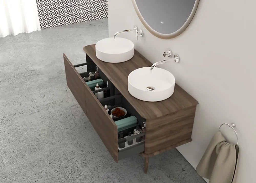 Meuble Buanderie|Baden Meuble sous-vasque à suspendre l.141 cm avec plan de toilette, 2 vasques à poser et pieds H.29 cm, effet noyer, Idra