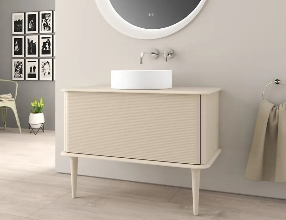 Meuble Buanderie|Baden Meuble sous-vasque à suspendre l.95 cm avec plan de toilette, vasque à poser et pieds H.29 cm, beige coton, Idra