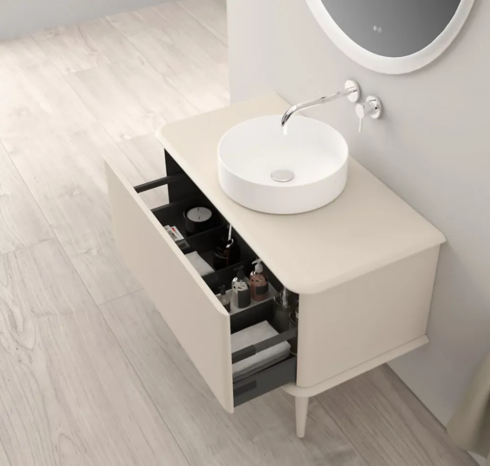 Meuble Buanderie|Baden Meuble sous-vasque à suspendre l.95 cm avec plan de toilette, vasque à poser et pieds H.29 cm, beige coton, Idra