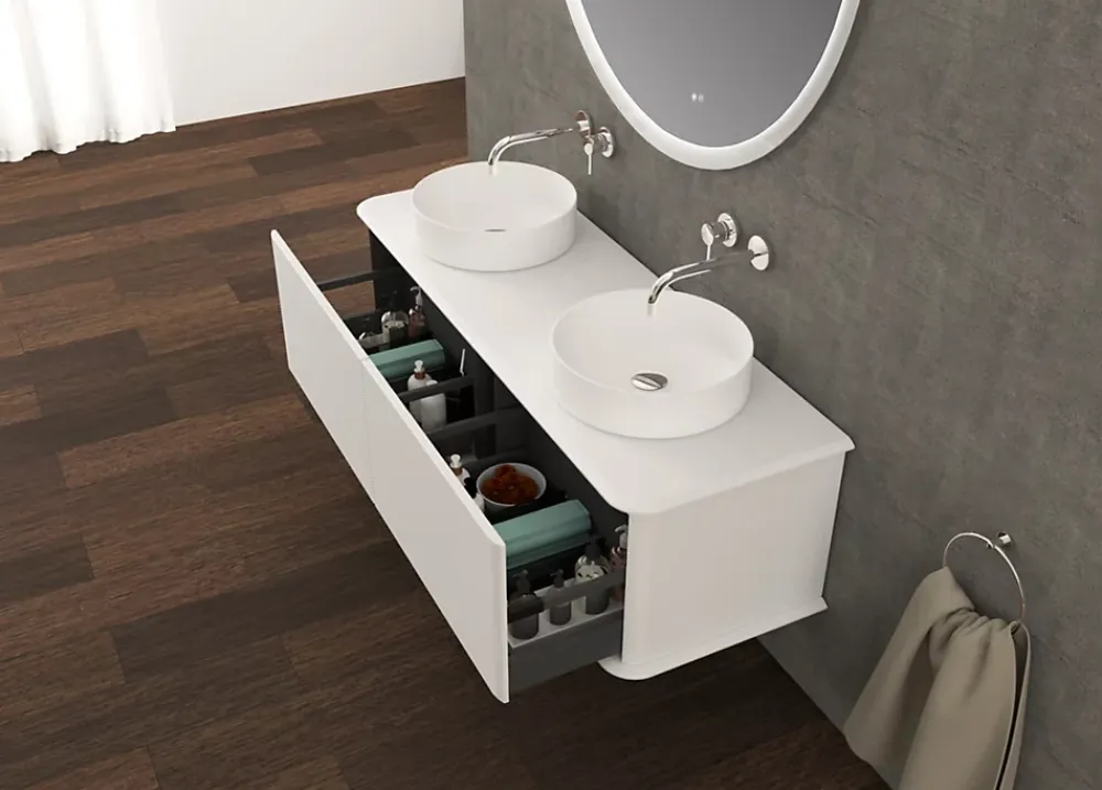 Baden Meuble sous-vasque à suspendre l.141 cm avec plan de toilette et 2 vasques à poser, blanc mat, Idra