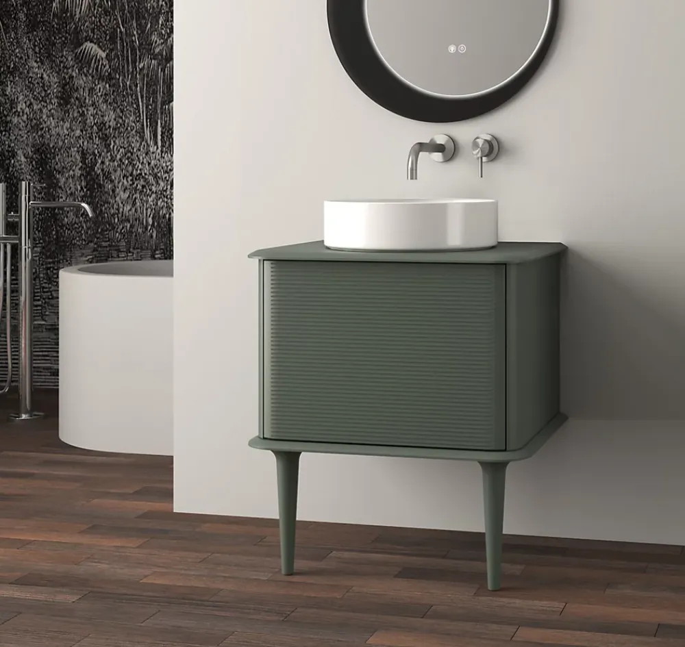 Baden Meuble sous-vasque à suspendre l.61 cm avec plan de toilette, vasque à poser et pieds H.29 cm, vert mat, Idra
