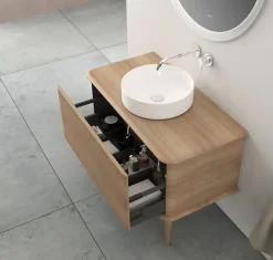 Baden Meuble sous-vasque à suspendre l.95 cm avec plan de toilette, vasque à poser et pieds H.29 cm, effet chêne tabac, Idra