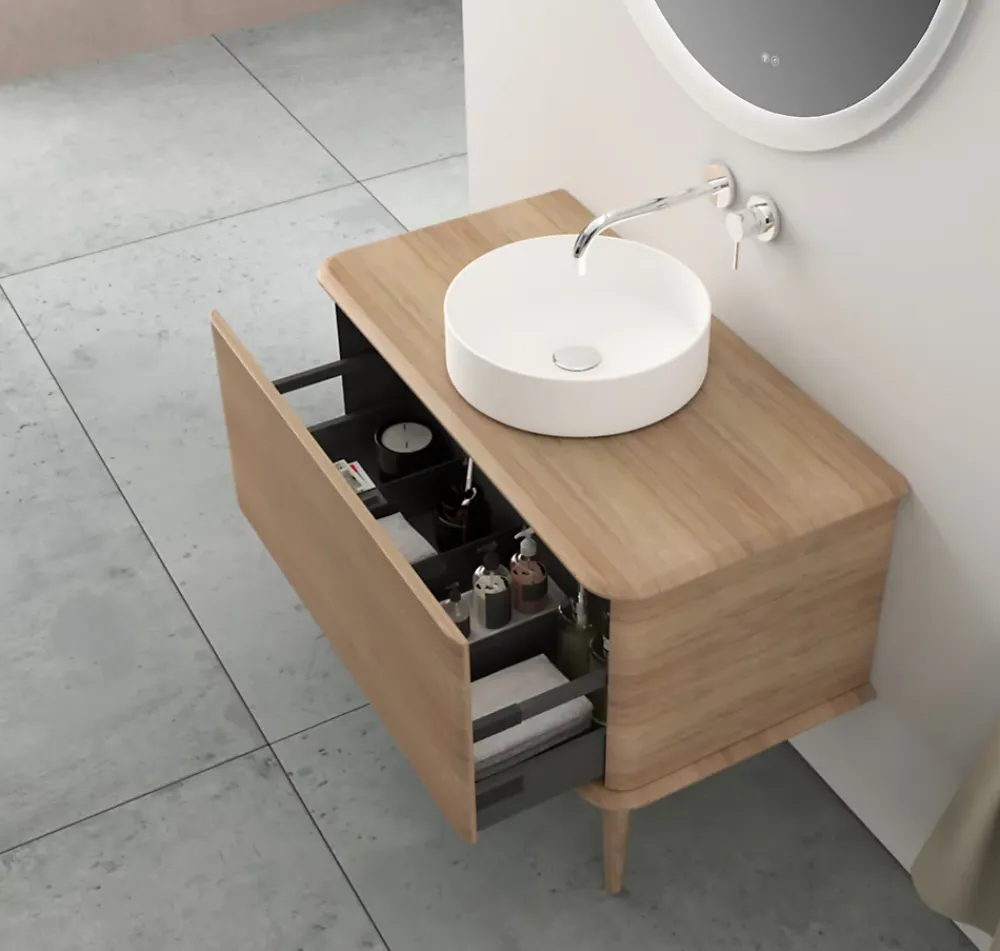 Baden Meuble sous-vasque à suspendre l.95 cm avec plan de toilette, vasque à poser et pieds H.29 cm, effet chêne tabac, Idra