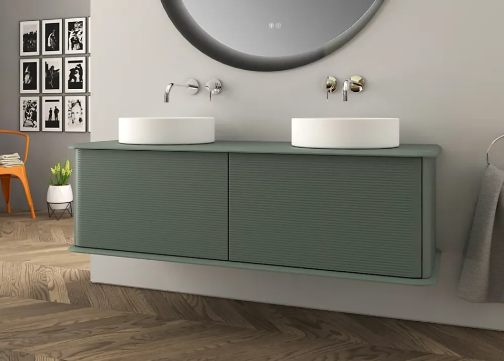 Meuble Buanderie|Baden Meuble sous-vasque à suspendre l.141 cm avec plan de toilette et 2 vasques à poser, vert mat, Idra