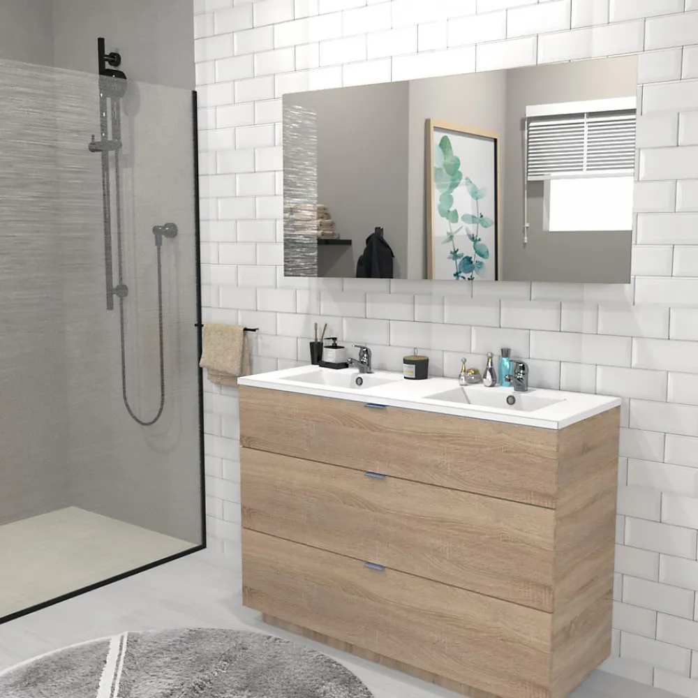 Meuble Vasque|Weber Industries Meuble sous-vasque 3 tiroirs MARBELLA 120 cm + vasque / Décor Chêne blanchi