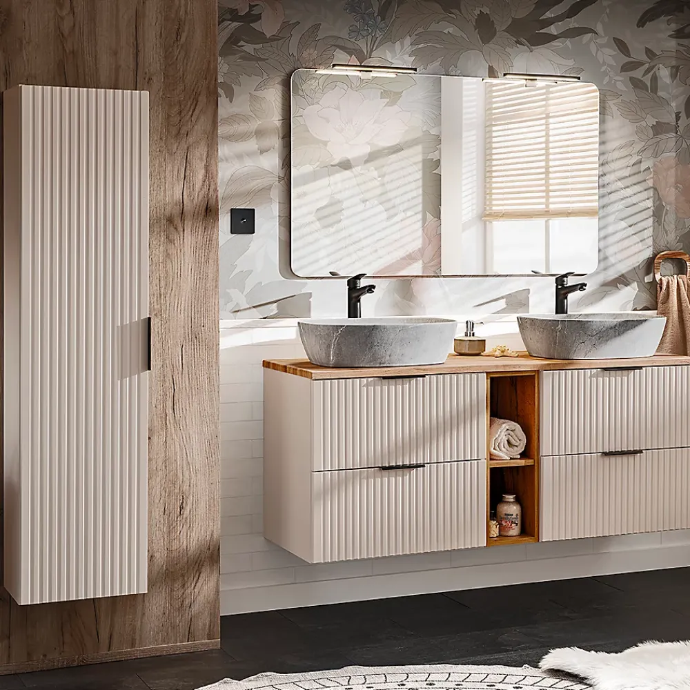 Meuble Sous-Vasque|Petits-Meubles Meuble sous-vasque 140cm 2 niches Adriel Cachemire et Bois
