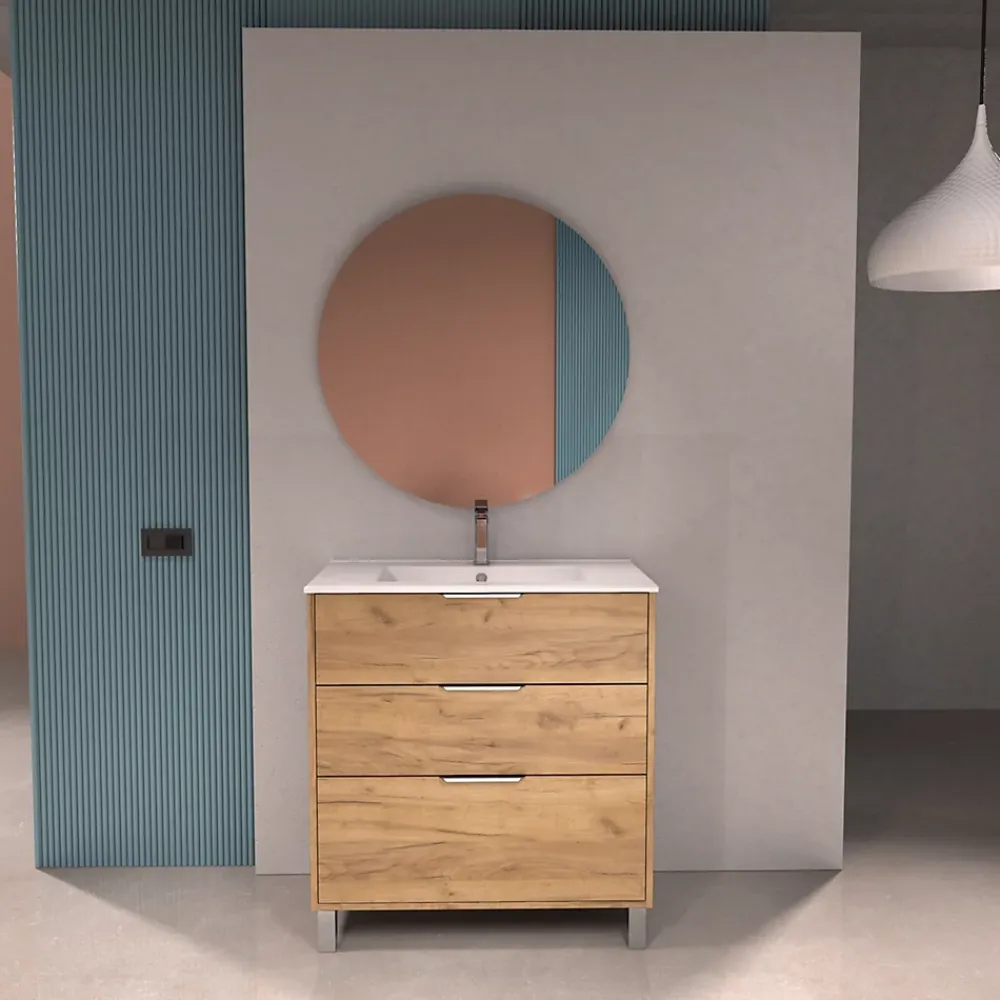 Meuble Vasque|Futurbath Meuble sous-vasque effet chêne l.80 cm + plan simple vasque porcelaine, Louna