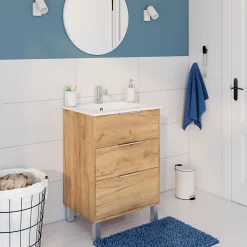 Futurbath Meuble sous-vasque effet chêne l.60 cm + plan simple vasque porcelaine, Louna