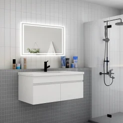 Meuble Vasque|AICA Sanitaire Meuble suspendu avec vasque 100 cm salle de bain, meuble blanc 2 portes