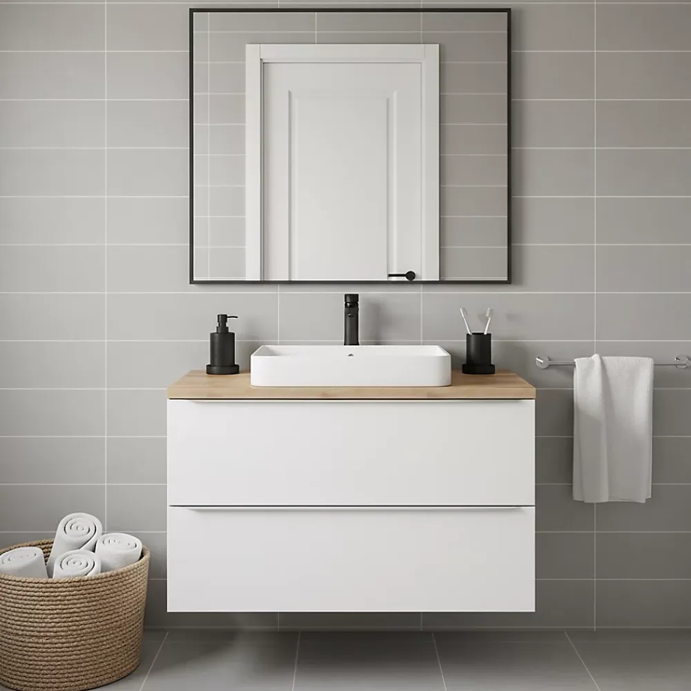 Meuble Buanderie|Meuble Vasque|GoodHome Meuble suspendu blanc brillant l.100 cm Imandra + plan de toilette chêne massif Hartland,