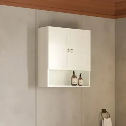 Kiamami Valentina Meuble Suspendu En Bois Décapé Blanc Avec 2 Portes Et Une Étagère Ouverte Toscana