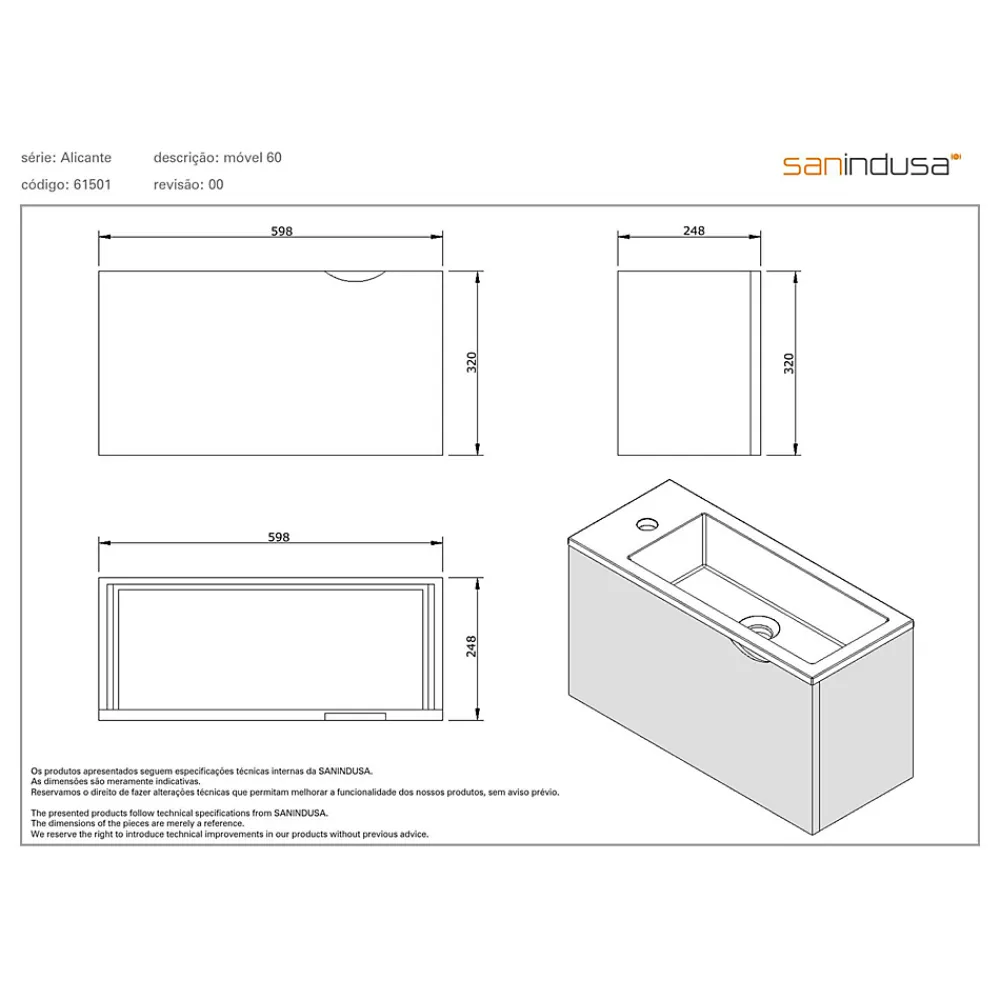 Sanindusa Meuble suspendu pour lave-mains 1 porte Alicante 60x25 hauteur 45cm blanc (lave-mains et mitigeur non inclus)
