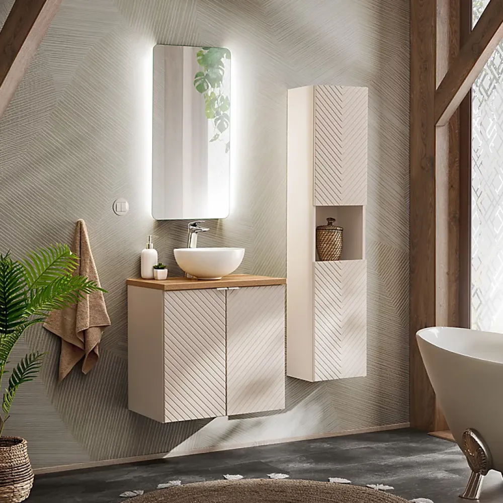 Meuble Sous Lavabo|Furnidea Meuble suspendu sous vasque avec 2 portes VIVA CACHEMIRE 60 cm