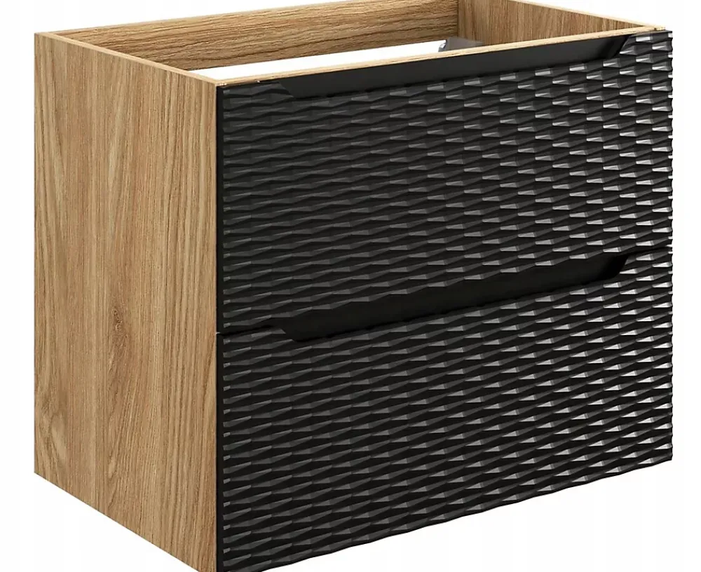 Furnidea Meuble suspendu sous vasque OCEAN chêne et noir 70 cm - 2 tiroirs façades 3D