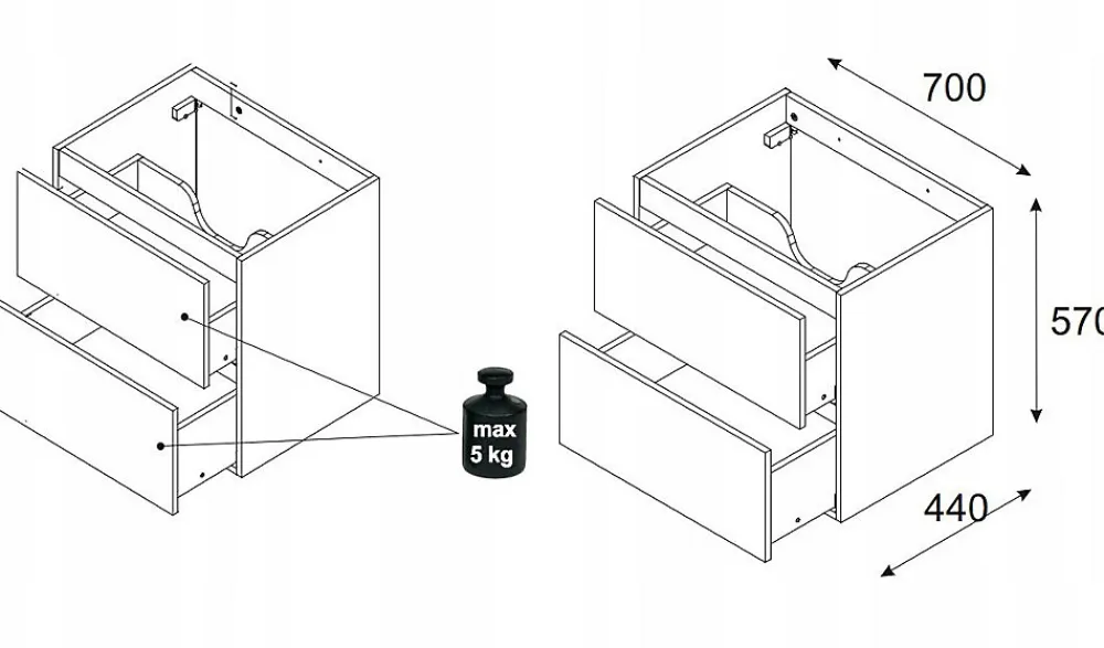 Furnidea Meuble suspendu sous vasque OCEAN chêne et noir 70 cm - 2 tiroirs façades 3D