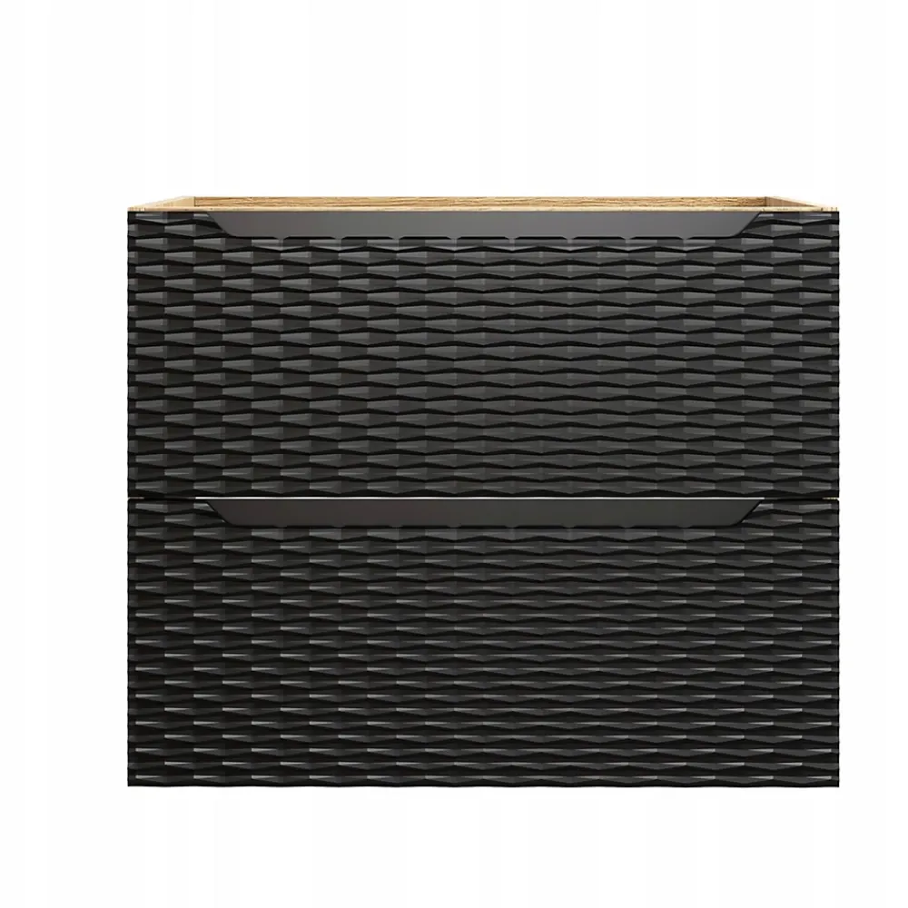 Furnidea Meuble suspendu sous vasque OCEAN chêne et noir 70 cm - 2 tiroirs façades 3D