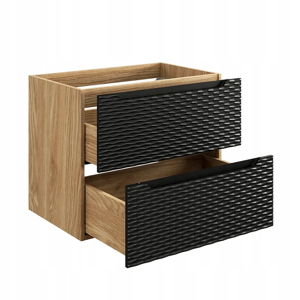 Furnidea Meuble suspendu sous vasque OCEAN chêne et noir 70 cm - 2 tiroirs façades 3D