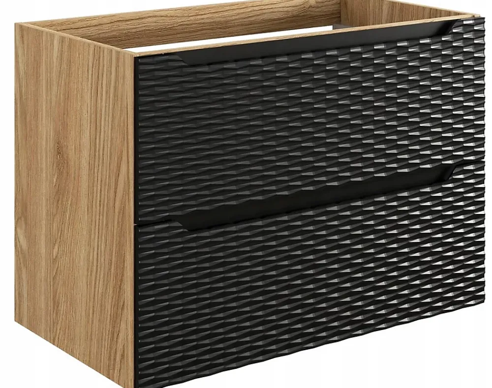 Furnidea Meuble suspendu sous vasque OCEAN chêne et noir 80 cm - 2 tiroirs façades 3D