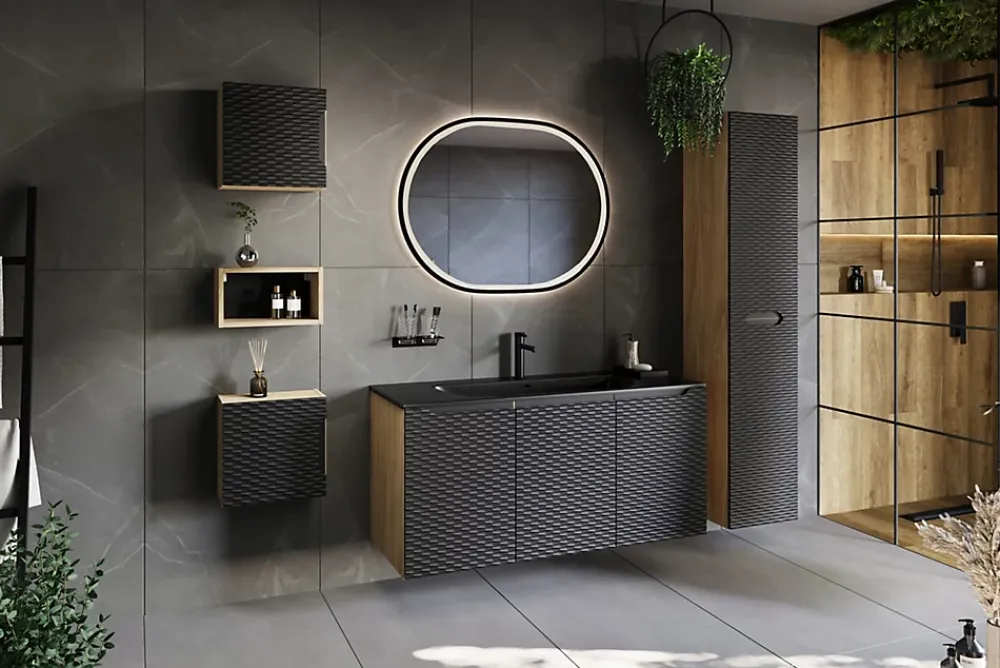 Furnidea Meuble suspendu sous vasque OCEAN chêne et noir 80 cm - 2 tiroirs façades 3D