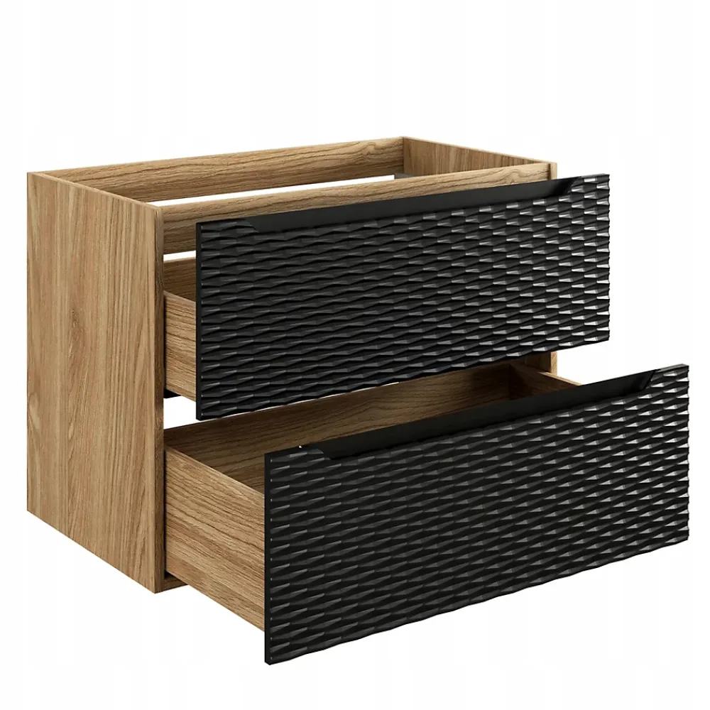 Furnidea Meuble suspendu sous vasque OCEAN chêne et noir 80 cm - 2 tiroirs façades 3D