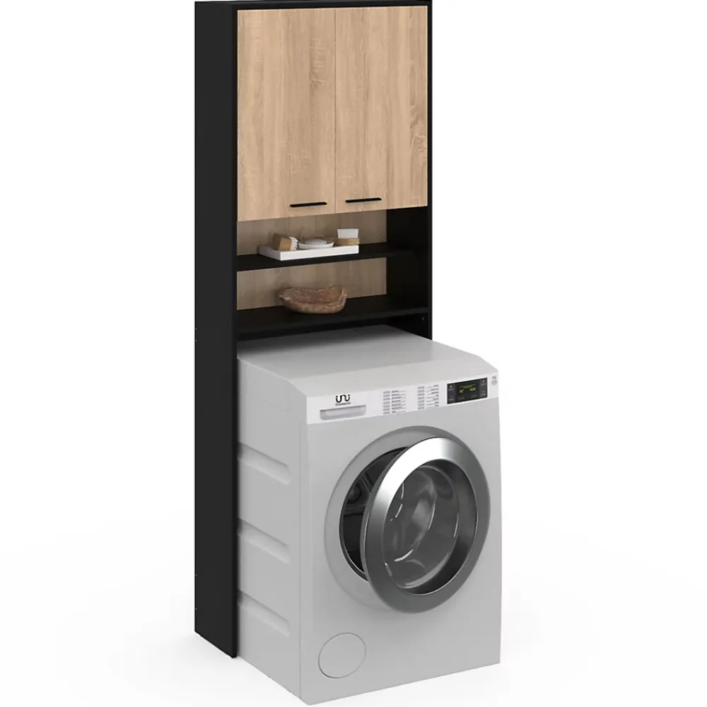 Armoire De Salle De Bains|IDMarket Meuble étagères de rangement dessus machine à laver et WC WALLIS noir et bois façon hêtre