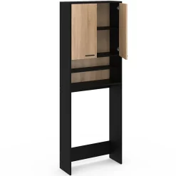 Armoire De Salle De Bains|IDMarket Meuble étagères de rangement dessus machine à laver et WC WALLIS noir et bois façon hêtre
