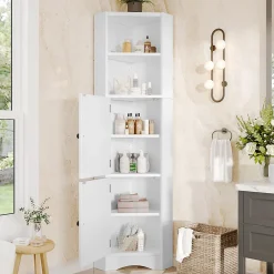 ProximaX Meuble triangulaire salle de bain blanc laqué, 2 étagères ouvertes, 2 portes avec séparateurs réglables, design simple