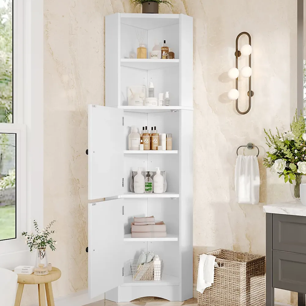 ProximaX Meuble triangulaire salle de bain blanc laqué, 2 étagères ouvertes, 2 portes avec séparateurs réglables, design simple